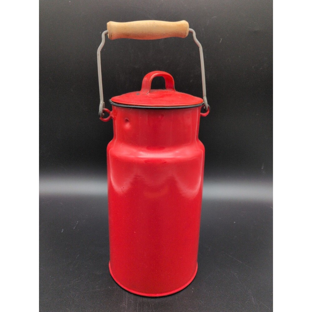 Red Enamelware Milk Can with Lid, Swing Metal Handle, Made In Poland
